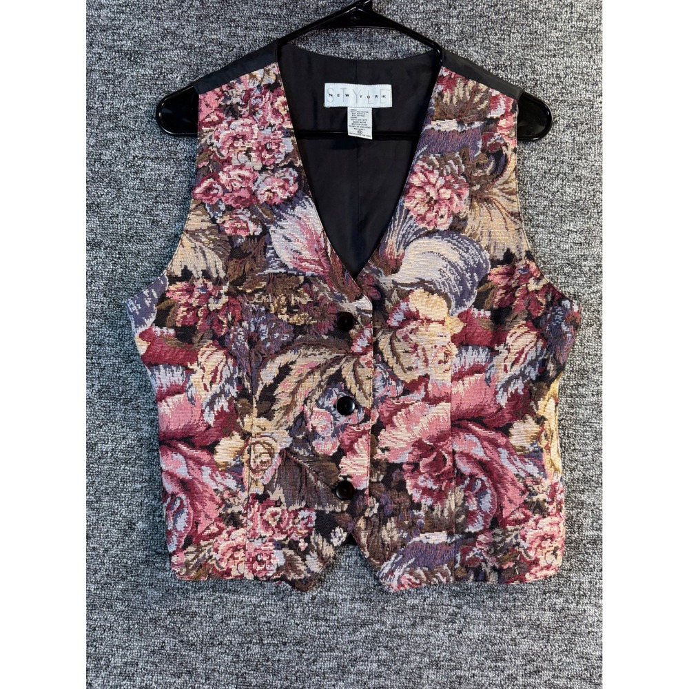 Style New York Vintage Floral Tapestry Vest Women Medium Pink Burgundy V-Neck